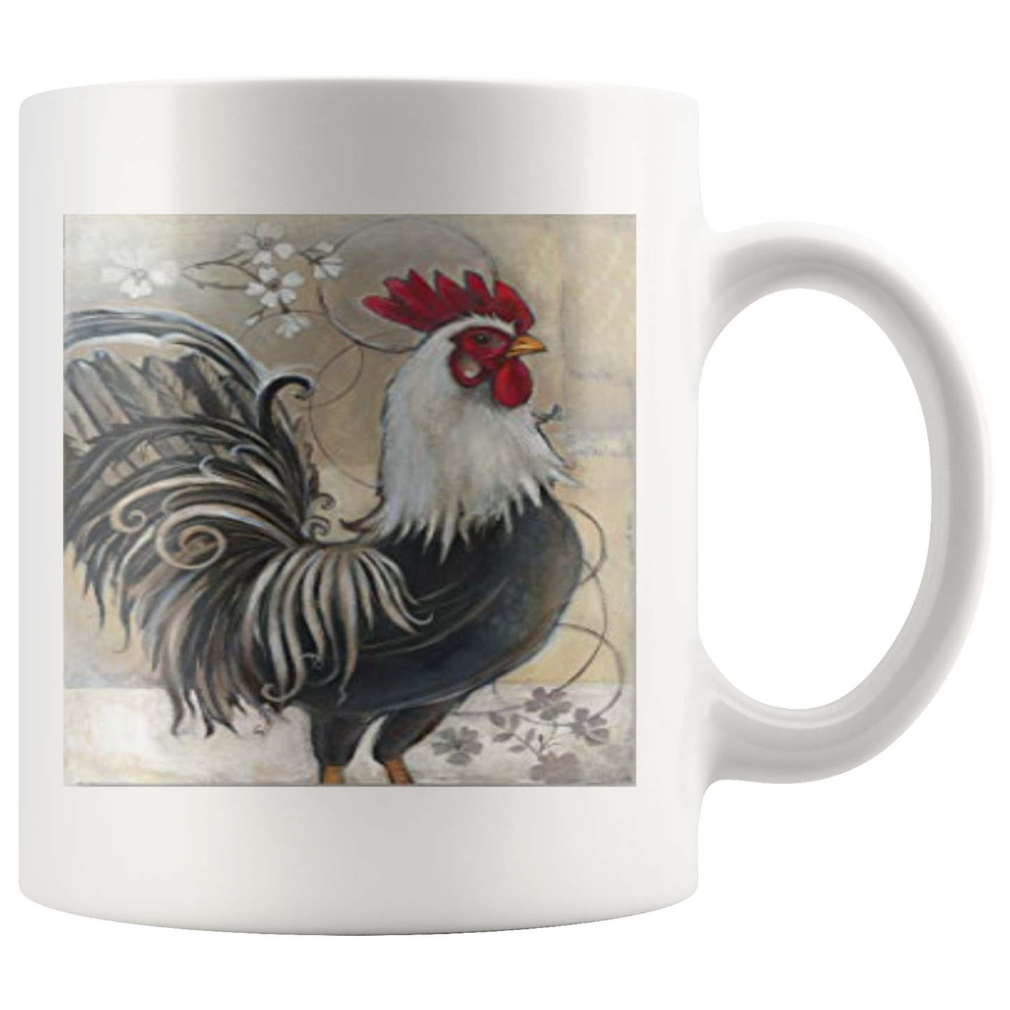 black and white rooster on white mug