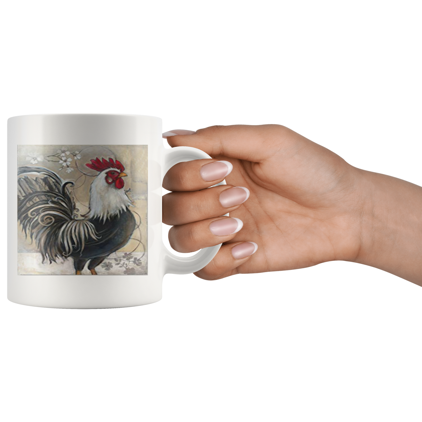 black and white rooster on white mug