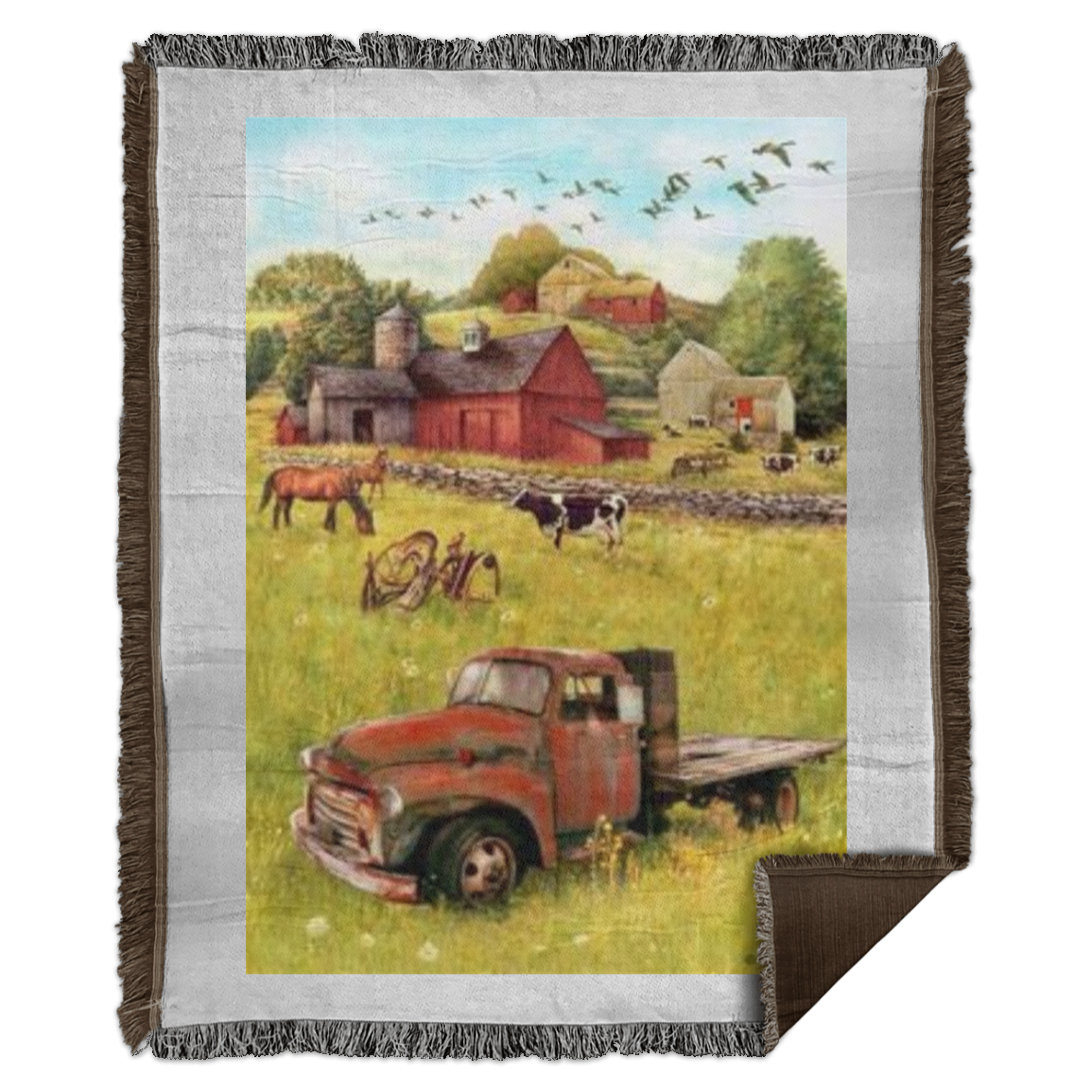 Farm Scene with Red Truck - Woven Blanket - 50x60