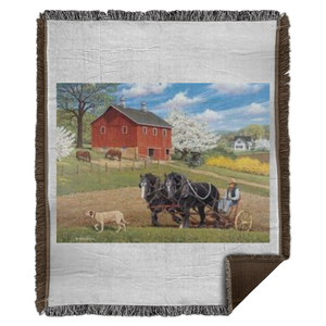 Farm Scene - mules plowing - Woven Blanket - 50x60