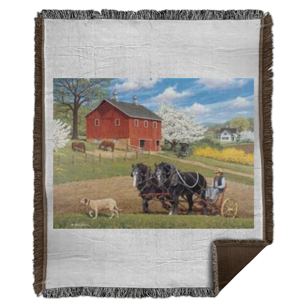 Farm Scene - mules plowing - Woven Blanket - 50x60