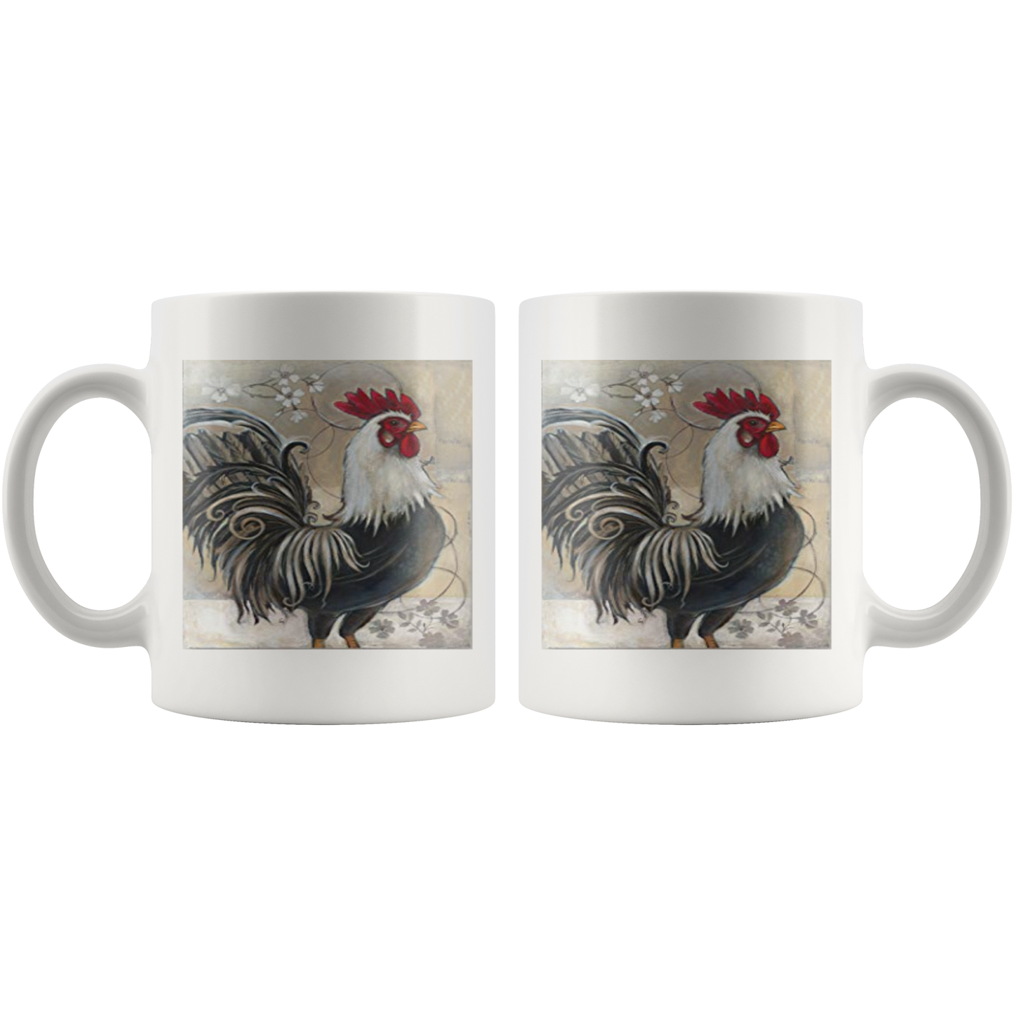 black and white rooster on white mug