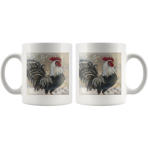 black and white rooster on white mug